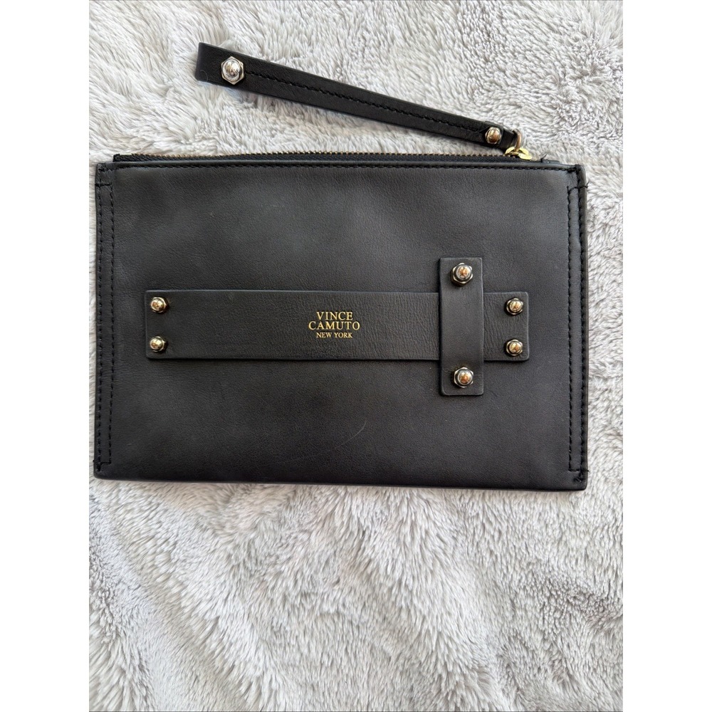 Vince Camuto New York Renee‎ Black Metal Accent Wristlet 100% Leather Purse